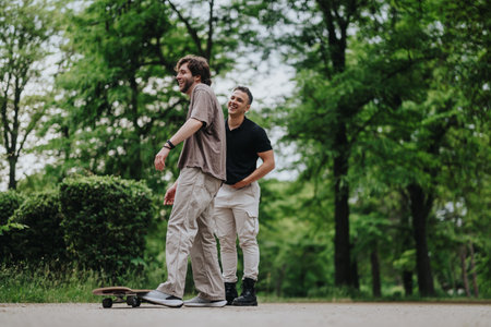 Two friends enjoying skateboarding in a scenic lush green parkの写真素材