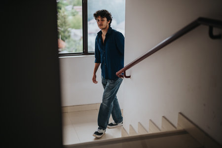 Man walking up stairs in casual outfit by large windowの写真素材