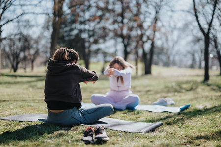 Two women performing yoga stretches on mats in a sunny park setting