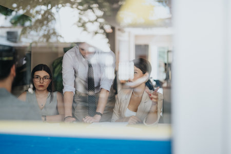 Colleagues collaborating on a project during a workplace team meeting