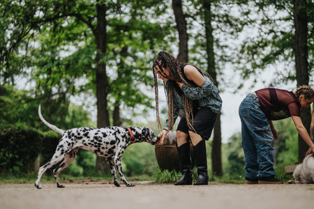 Friends Enjoying Time with Dogs in a Scenic Park Setting