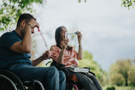 Two Individuals Enjoying a Scenic Outdoor Setting While Blowing Bubbles Togetherの写真素材
