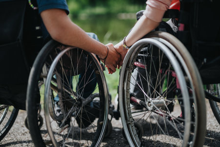 Close-up of two individuals holding hands while seated in wheelchairs outdoors, emphasizing support, companionship, and inclusivityの写真素材
