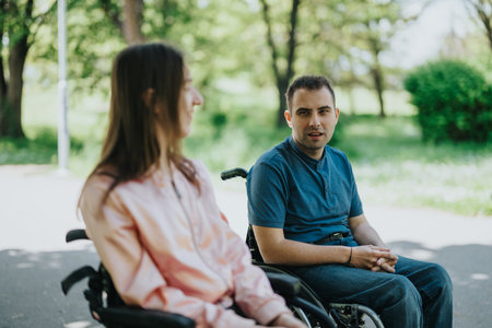 Two individuals in a wheelchair having a conversation outdoors in a peaceful park settingの写真素材