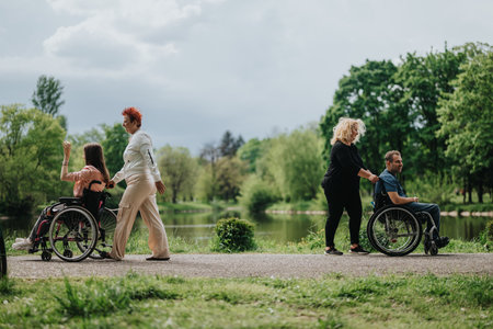 Friends enjoying a wheelchair stroll in the park on a sunny day
