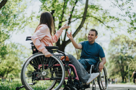 Smiling couple in wheelchairs enjoying their time together in a parkの写真素材