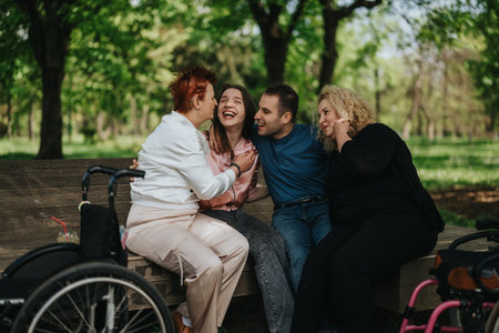 Family and friends sharing laughter and joy while sitting together outdoors in a parkの写真素材