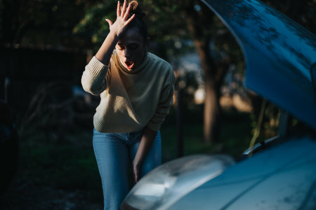 Woman reacts to car breakdown on a rural road in late afternoonの写真素材