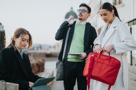 Three business professionals collaborate while working outdoors in an urban setting.の写真素材