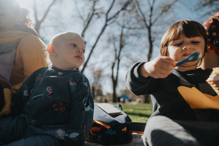 Young children enjoy a sunny day outdoors while snacking together in a park settingの写真素材