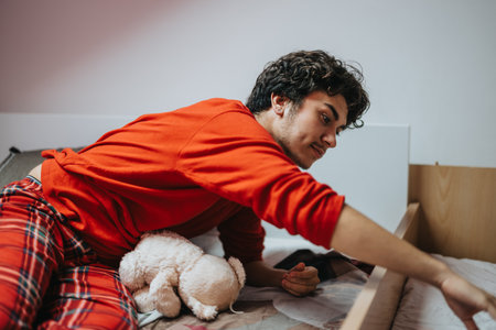 Young man relaxing in pajamas on cozy bed with teddy bearの写真素材