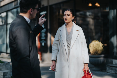 Business people engaging in outdoor discussion on a sunny day in the cityの写真素材