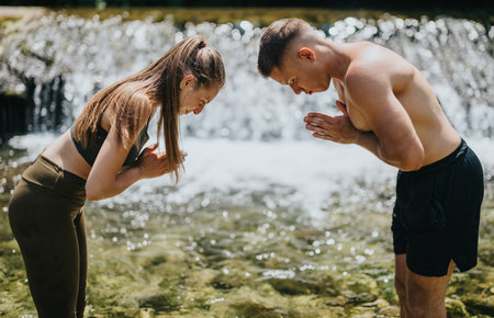 Two individuals practicing mindfulness and yoga by a river waterfall outdoorsの写真素材
