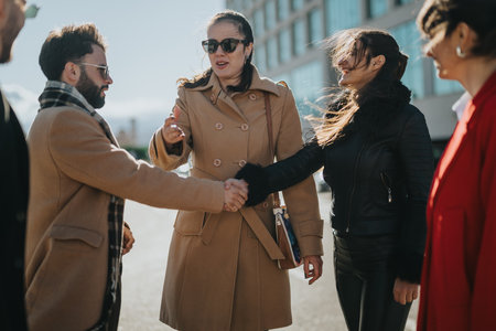 Group of professionals shaking hands outdoors during a business meetingの写真素材