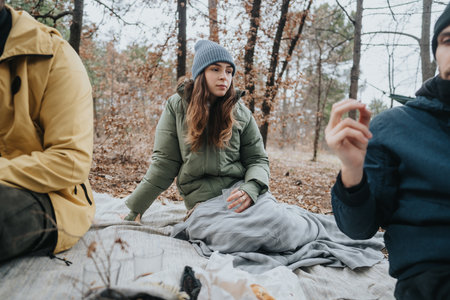 Young friends enjoying a relaxing outing in a forest clearing