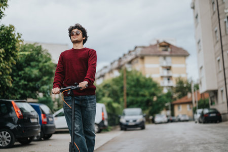 Man riding electric scooter through city street in casual attireの写真素材