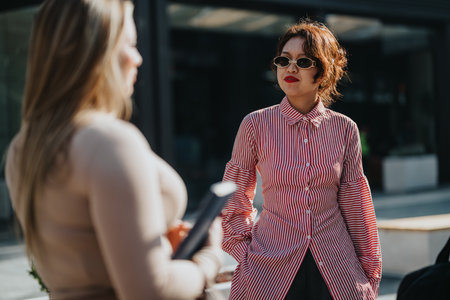 Stylish woman in red striped shirt talking outdoors on a sunny dayの写真素材