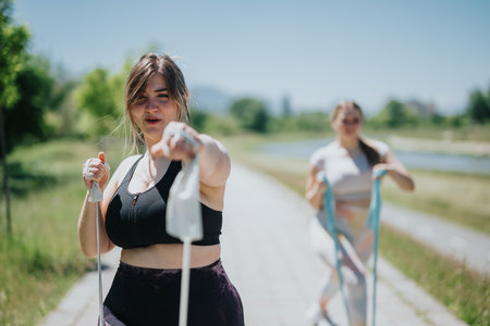 Two women exercising outdoors with resistance bands on a sunny day