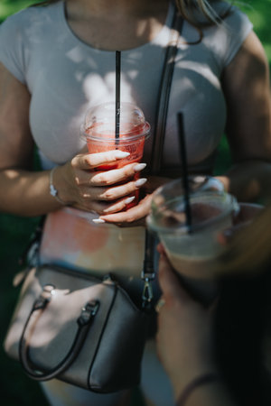 Two friends enjoying refreshing beverages together outdoors during a sunny day in the parkの写真素材
