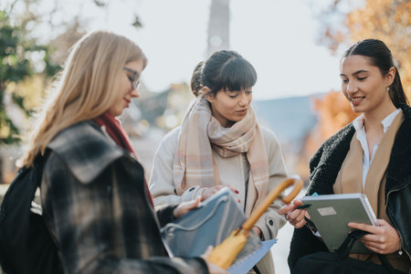 Three young women discussing notes outdoors on a sunny autumn dayの写真素材