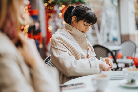 Two women enjoying coffee at an outdoor cafe during the winter holidaysの写真素材