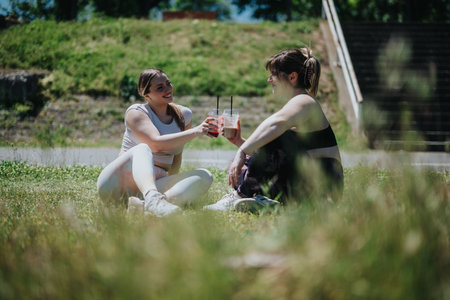 Two women enjoying refreshing drinks outdoors after a workout session sitting on grass with a sunny backdropの写真素材