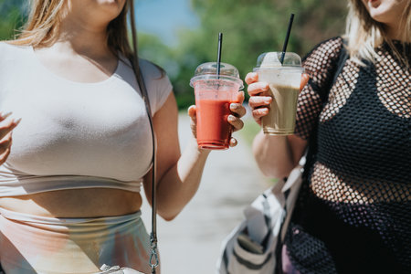 Two female friends enjoying delicious smoothies while spending time outdoorsの写真素材