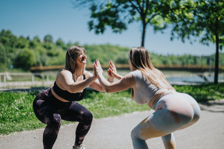 Two women exercising outdoors together, performing squats in sync in a serene park settingの写真素材