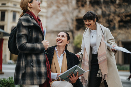 Cheerful group of women laughing together outdoors holding books and documentsの写真素材