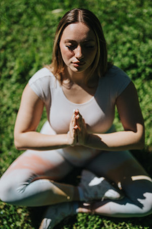 Woman practicing meditation outdoors on a sunny day for mindfulness and relaxation