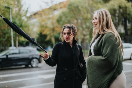 Two women conversing outdoors while holding an umbrella on a rainy dayの写真素材