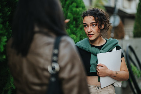 Young woman having a conversation outdoors holding documentsの写真素材