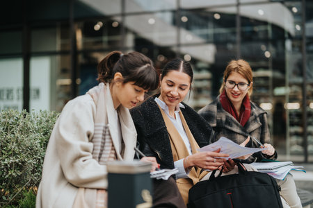 Three women working on documents outdoors in a business settingの写真素材