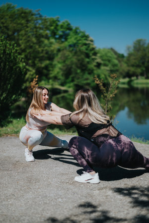 Two Women Exercising Together Outdoors Demonstrating Weight Loss Effortsの写真素材