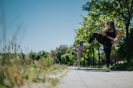 Two women exercising outdoors in a park on a bright sunny day for fitnessの写真素材