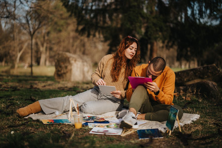 Couple Outdoors Enjoying Artistic Activities in a Natural Settingの写真素材