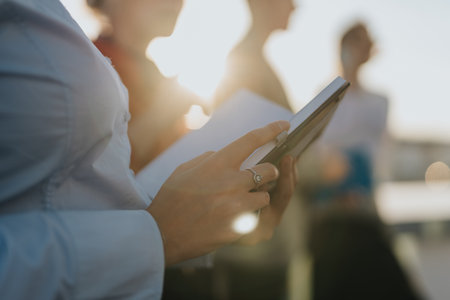 Business employees engage in innovative thinking while standing on a high tower balcony using a tablet for project solutions.の写真素材
