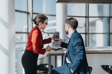 Business colleagues discussing a project in a modern office settingの写真素材