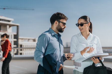 Two business people engage in a conversation on a high-rise balcony.の写真素材