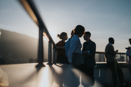 Diverse business team brainstorming on rooftop at sunsetの写真素材