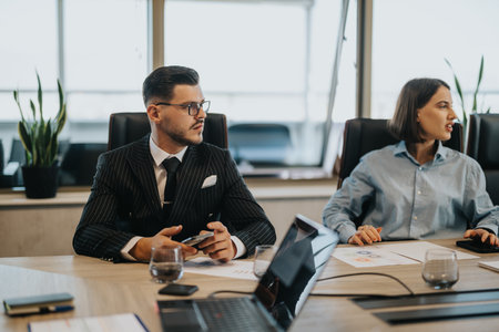 Multicultural business meeting with focused professionals at officeの写真素材