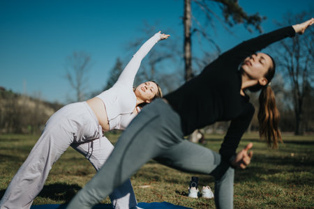 Two Individuals Practicing Yoga Outdoors in a Peaceful Park Setting
