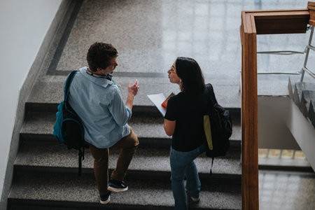 Two students conversing on a university staircase indoorsの写真素材