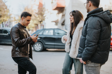 Group of friends socializing outdoors in a lively urban settingの写真素材