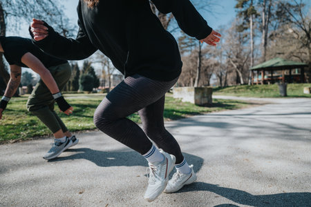 Two Individuals Sprinting Outdoors in a Scenic Park Setting