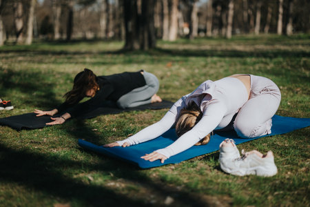 Women practicing yoga poses outdoors on mats in a sunny park settingの写真素材