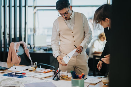 Multicultural business workers discussing project in modern office settingの写真素材