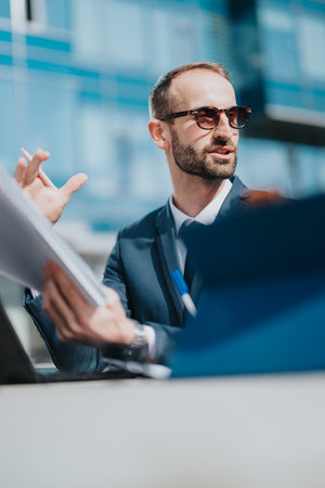Business professional discussing documents outdoors during a sunny day