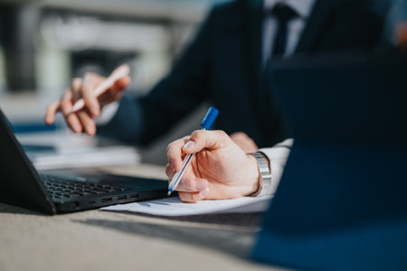 Professional teamwork during a business meeting with laptops and documentsの写真素材