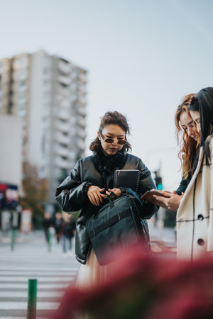 Three women gathered on an urban street setting sharing interactionの写真素材